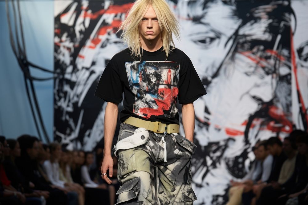 Blonde hair Asian man dressed up in camo pants and black tshirt fashion runway adult.