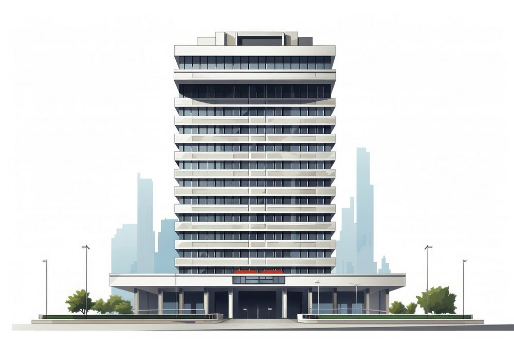 Architecture illustration of a tall brutalist building city white background headquarters.