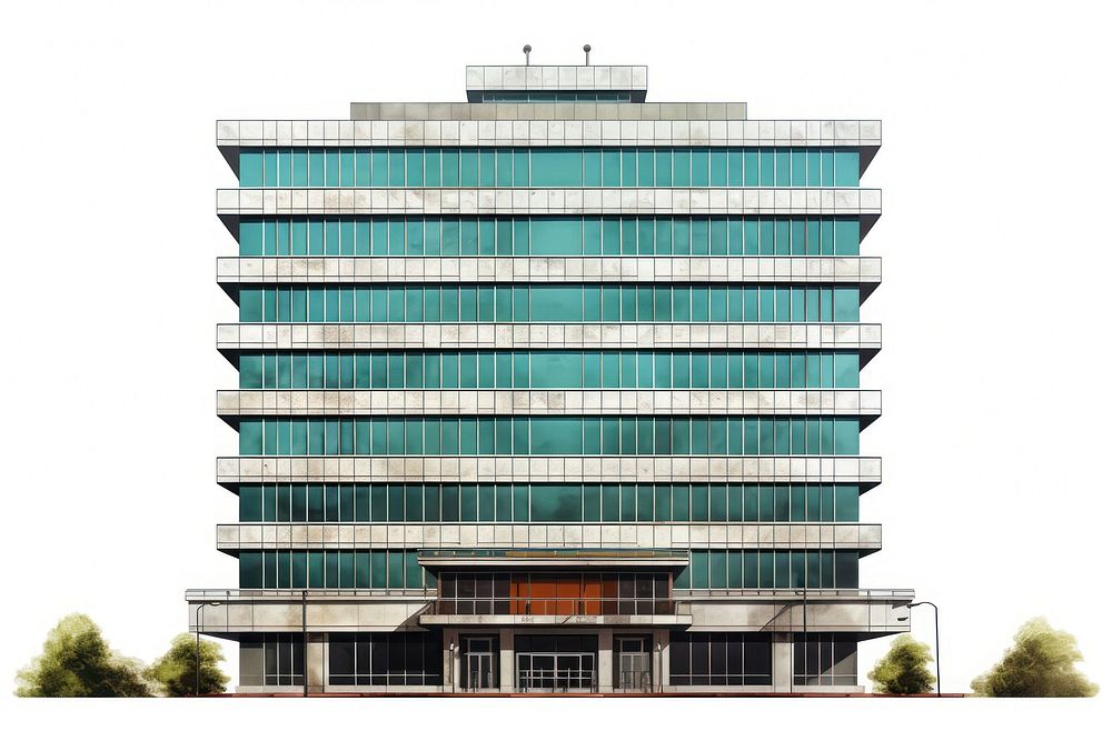 Architecture illustration of a tall retro office top building tower city.