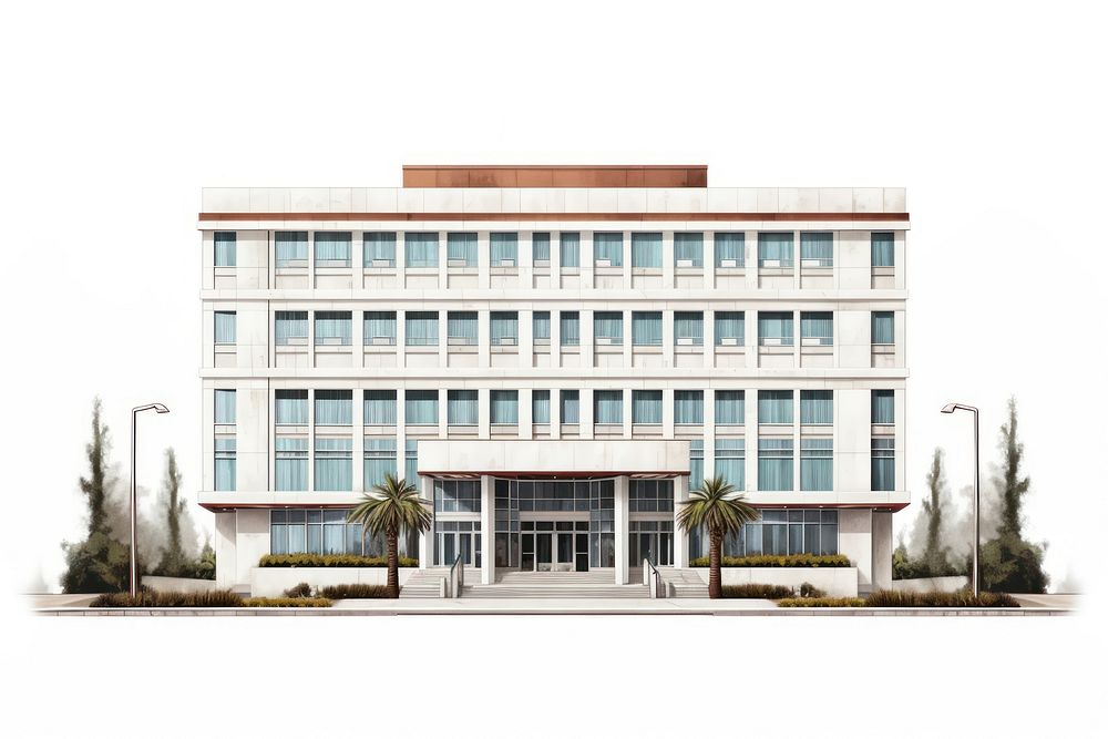 Architecture illustration of a tall retro office top building city white background.