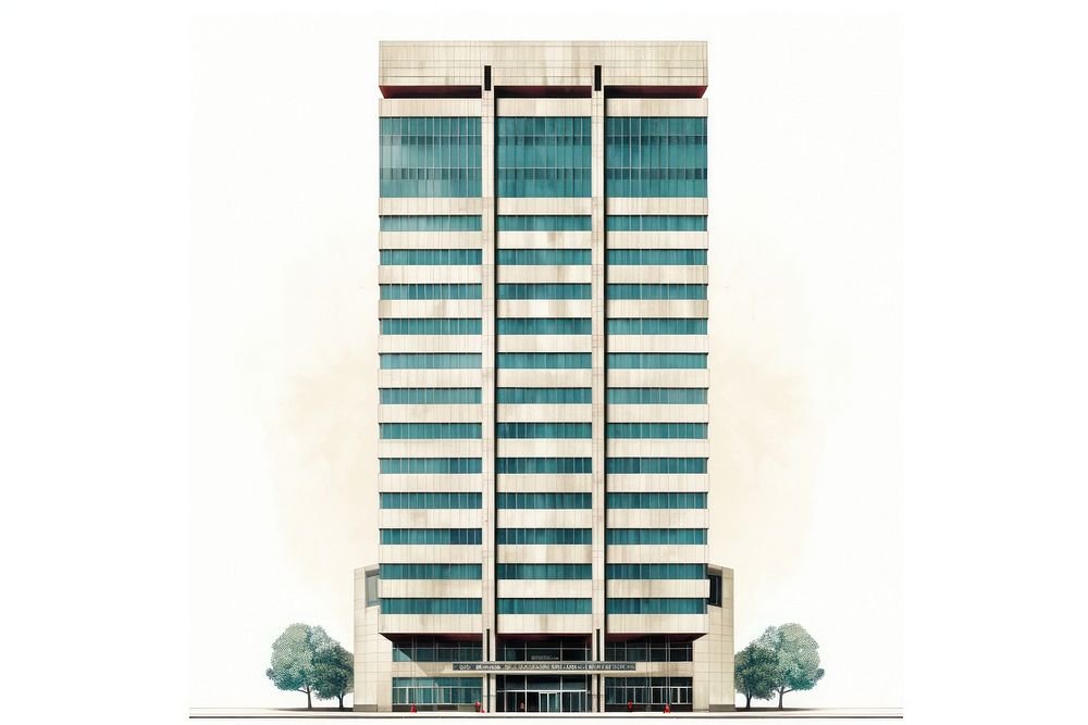 Architecture illustration of a tall retro office skyscraper building tower city.