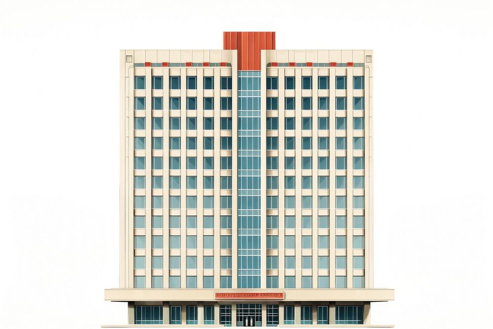 Architecture illustration of a tall retro office skyscraper building city white background.