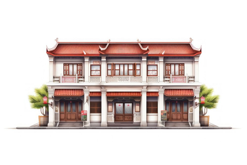 Architecture illustration of a asian shophouse building city town.