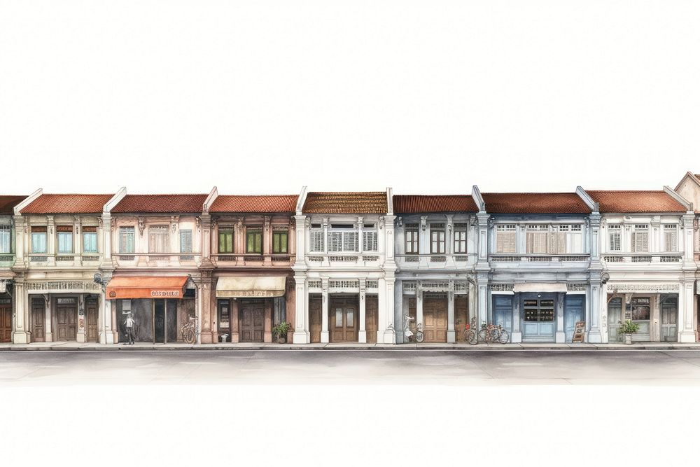 Architecture illustration of an asian shophouses building city town.
