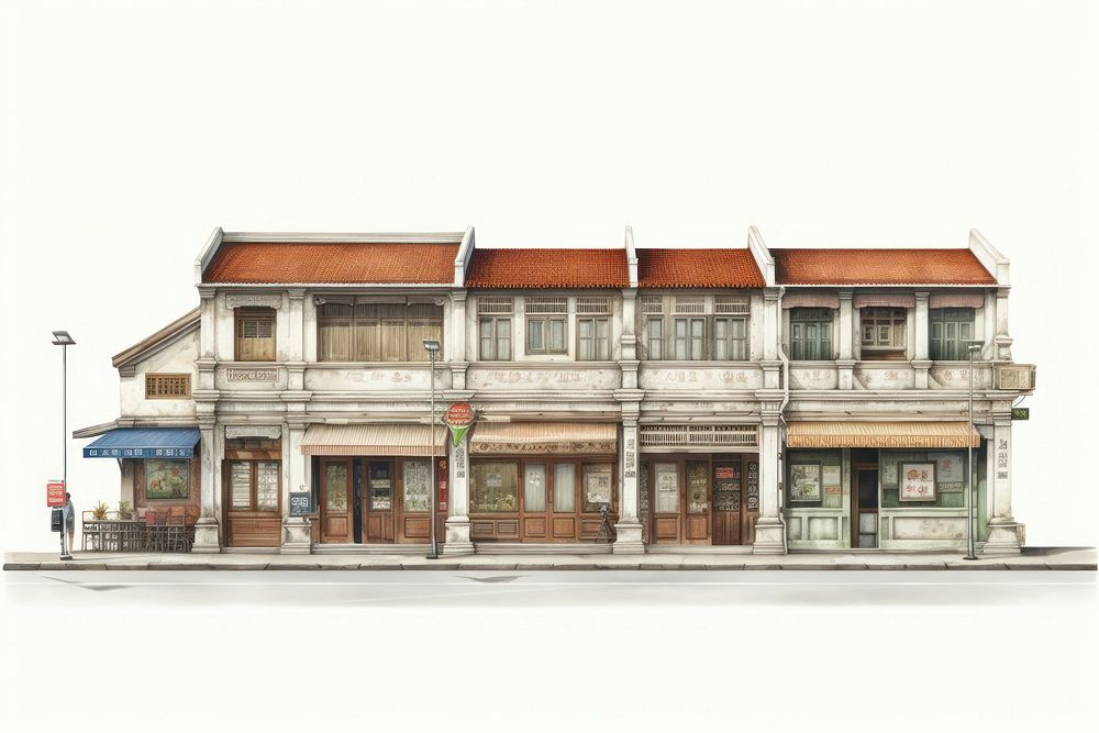 Architecture illustration of an asian shophouses building city white background.