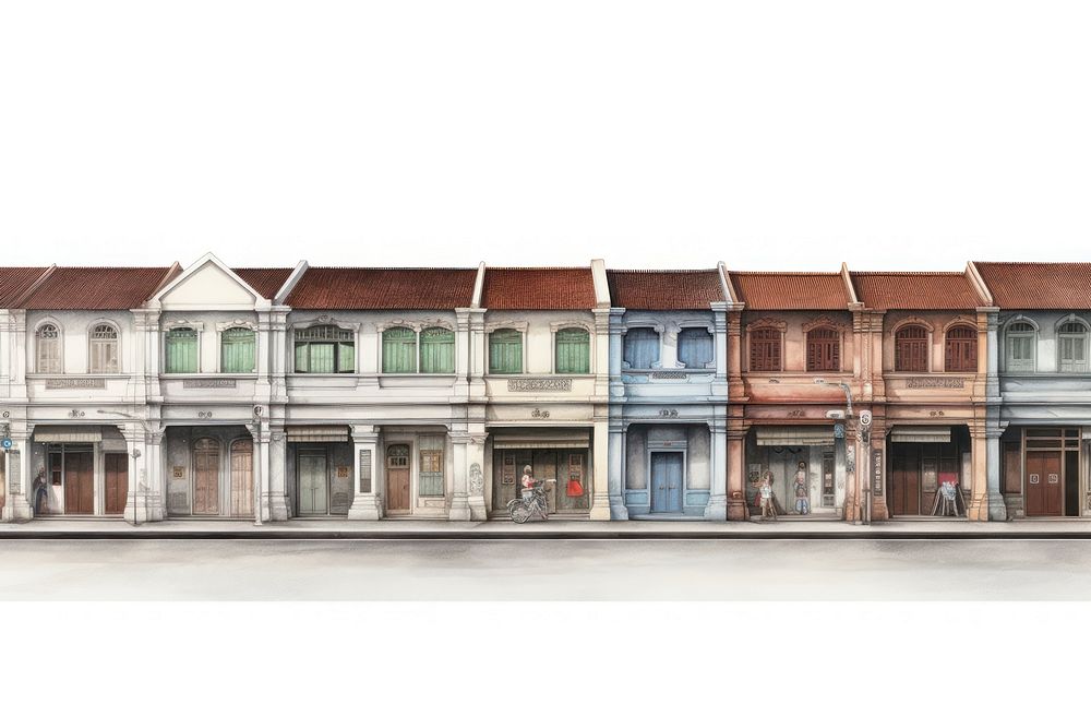 Architecture illustration of an asian shophouses building city town.