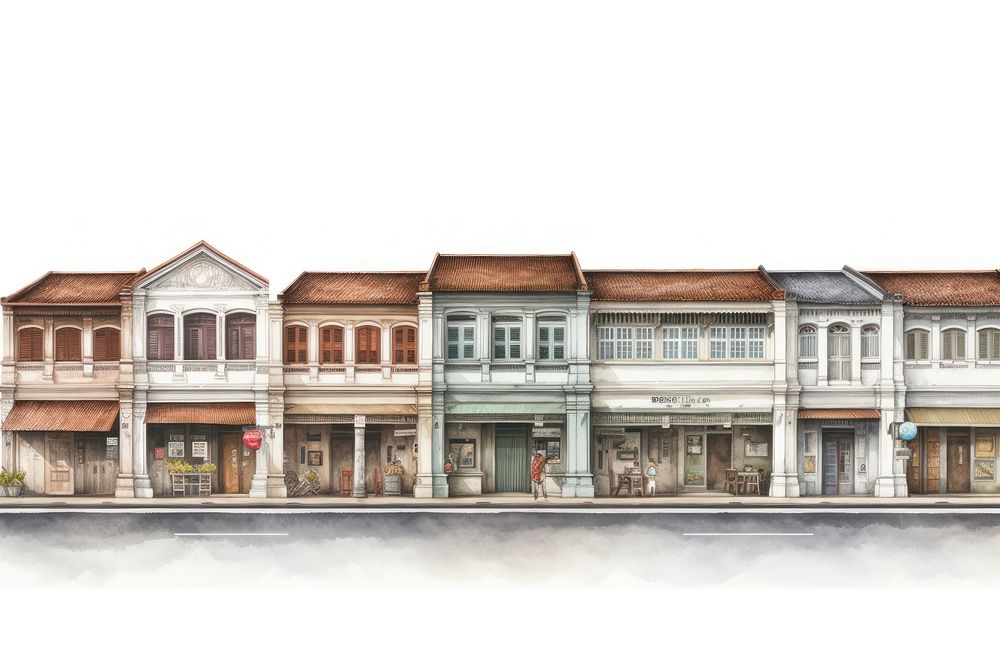 Architecture illustration of an asian shophouses building street city.