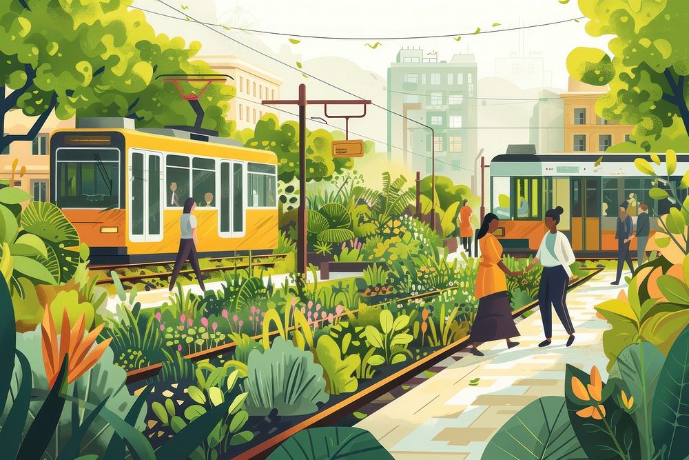 People in a green farm community garden in side a city outdoors vehicle cartoon.