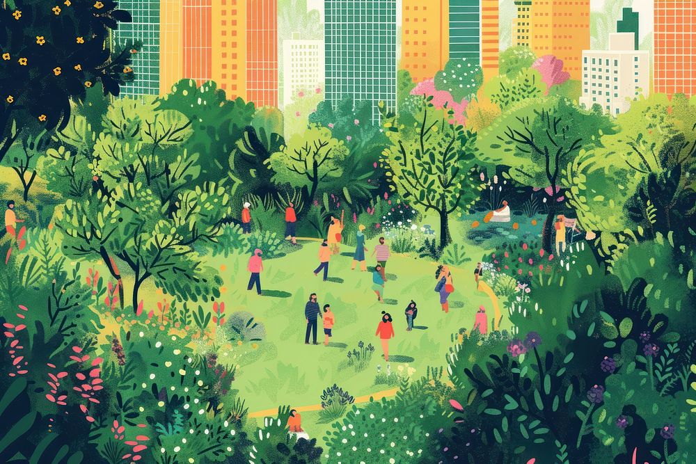People in a community garden in side a city green outdoors cartoon.