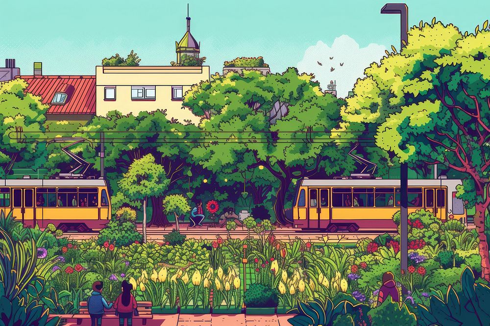 People in a community garden in side a city outdoors cartoon plant.