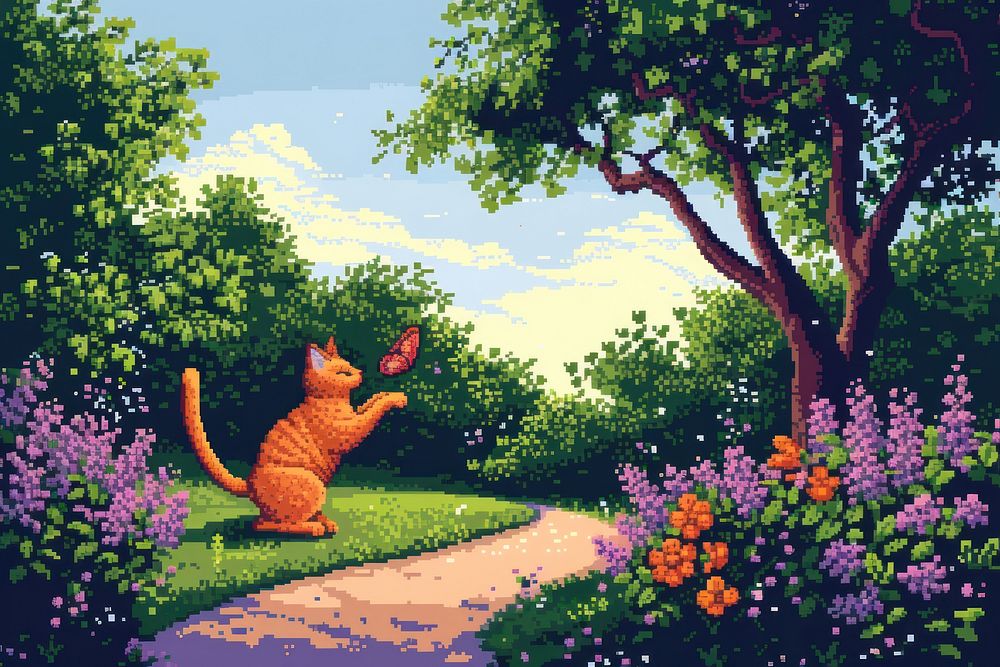 Cat catching butterfly in the park tree outdoors cartoon.