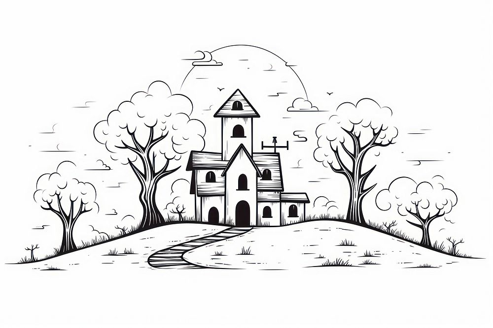 Haunting house sketch drawing doodle.