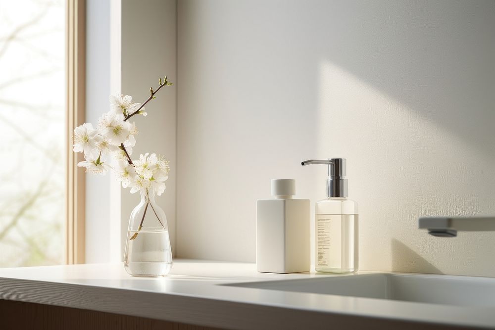 Liquid soap dispenser in minimal japanese bathroom vibes perfume window bottle.