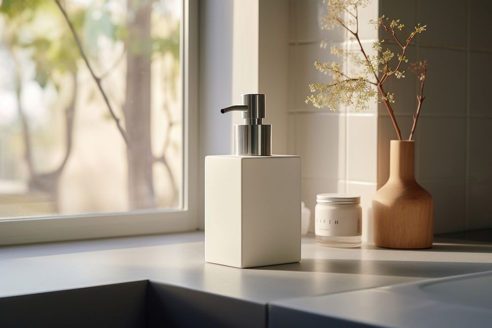 Liquid soap dispenser in minimal japanese bathroom vibes plant vase windowsill.