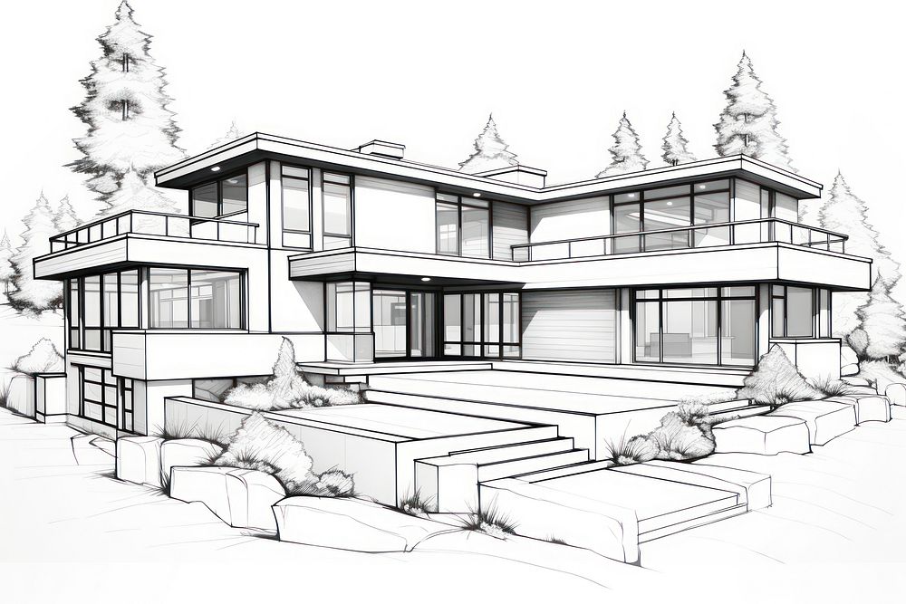 Modern House sketch outline drawing.