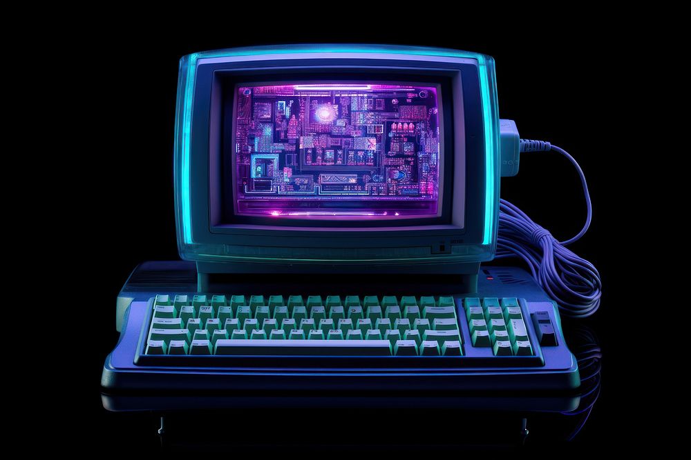 Old personal computer black background illuminated electronics.