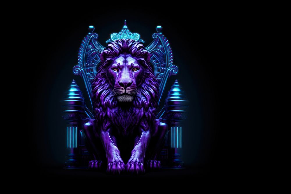 Royal lion sitting on a throne mammal purple light.
