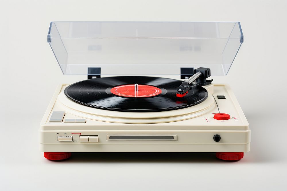 White and red space age turntable with transparent dustproof cover electronics gramophone technology.