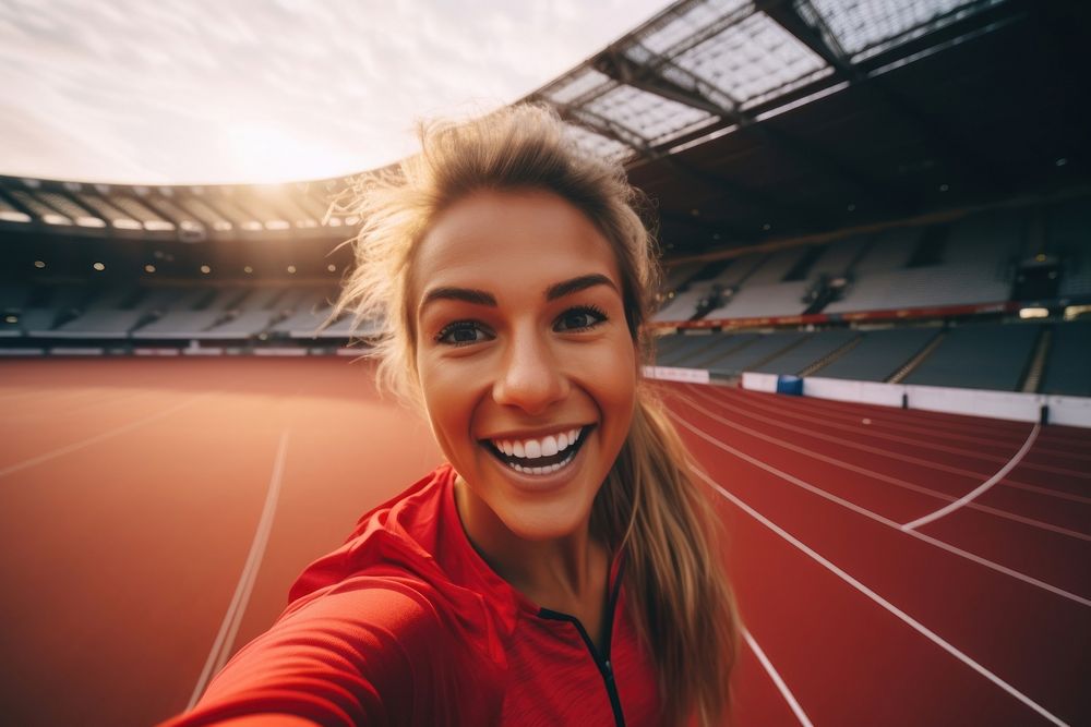 A athlete girl take a selfie at sport stadium sports smile adult.