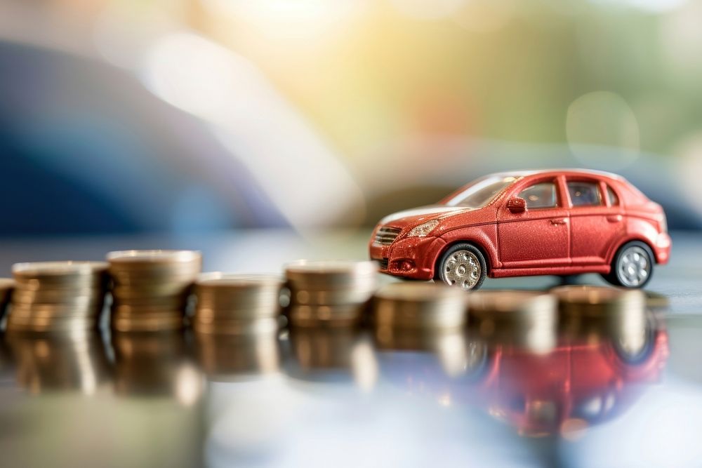 Photo of a car model beside a stack of coins vehicle wheel transportation.