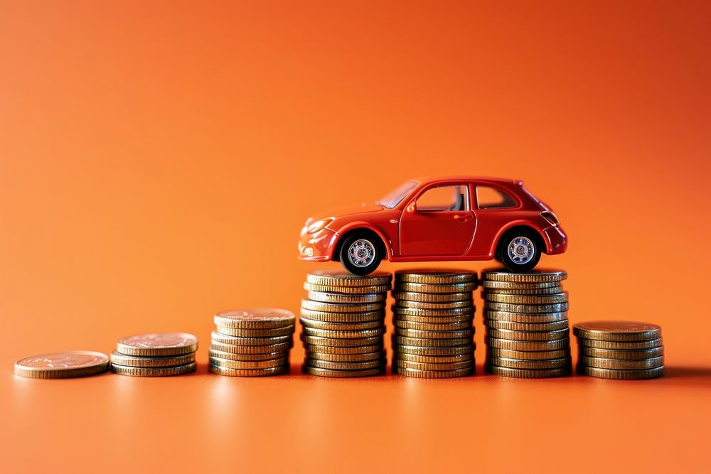 Photo of a car model beside a stack of coins vehicle wheel money.