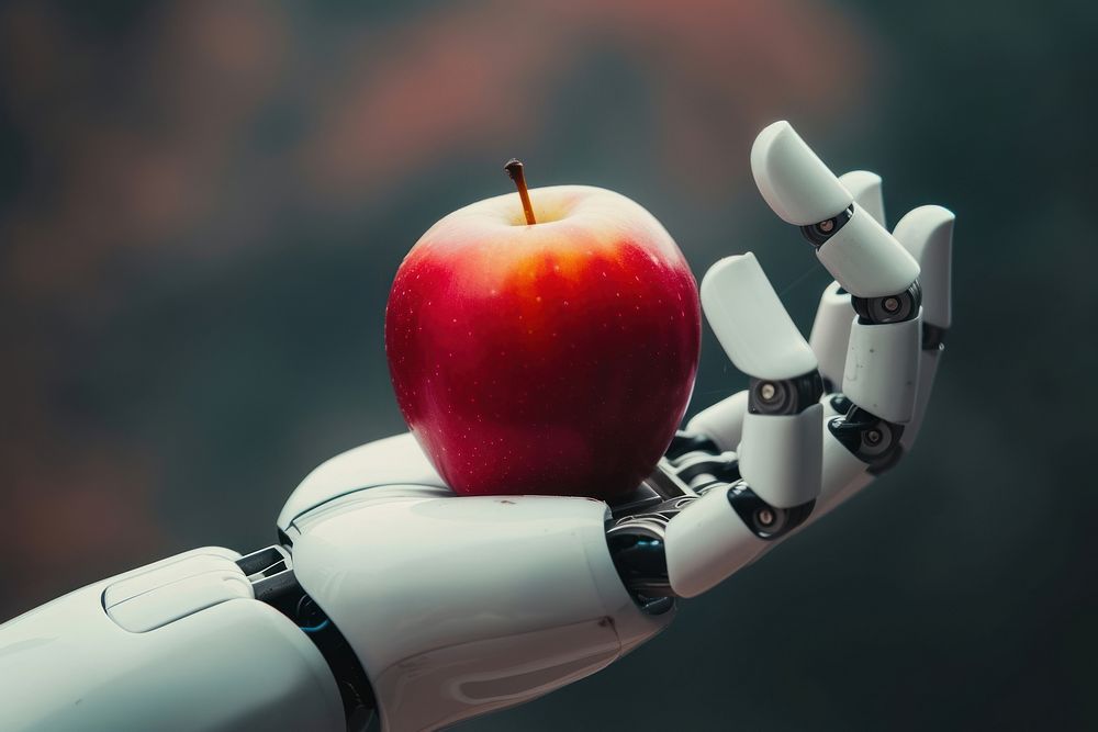 Robot hand holding apple plant technology futuristic.