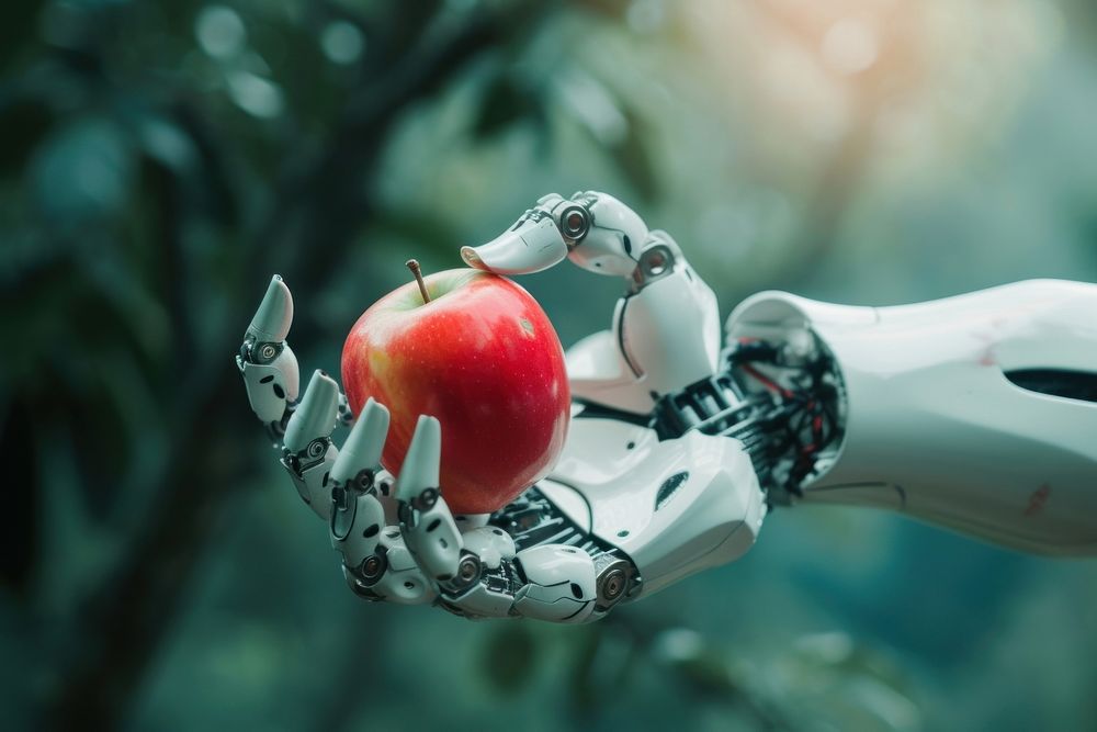 Robot hand holding apple fruit plant food.