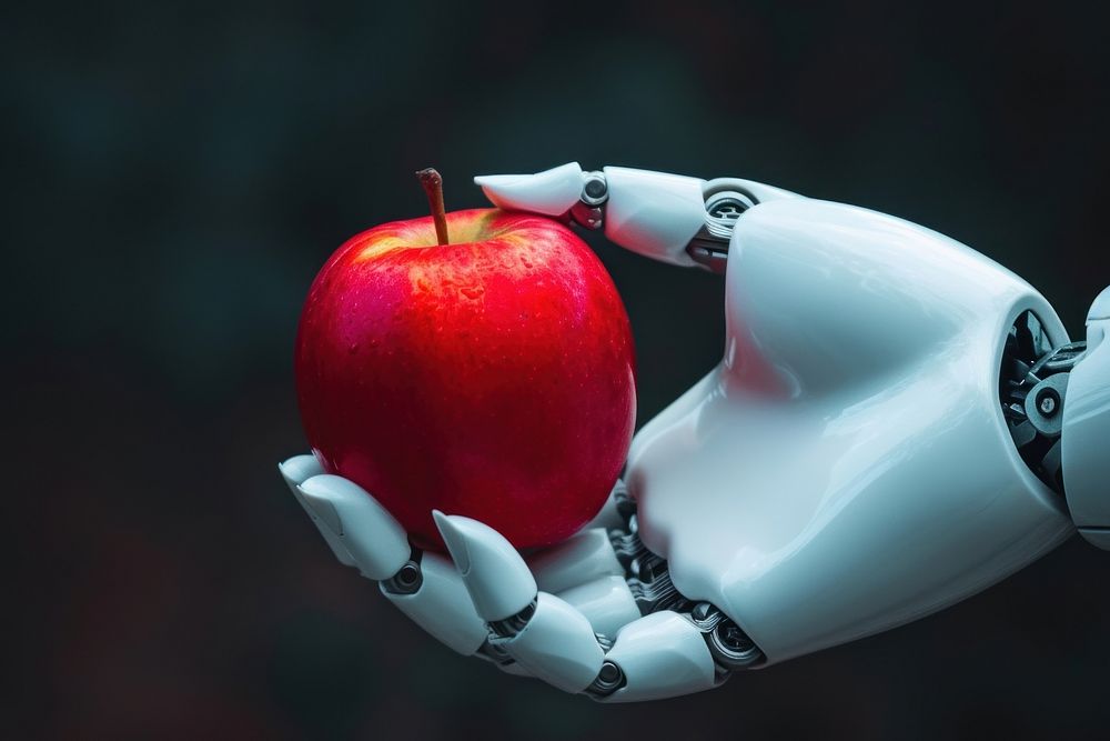 Robot hand holding apple plant technology produce.
