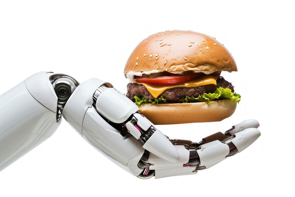 Robot hand holding burger food white background technology.