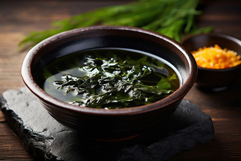 Wakame seaweed in bowl food soup dish.