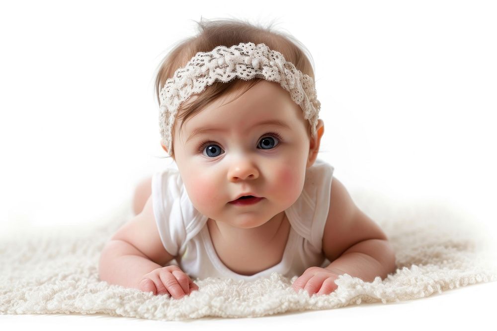 Baby wearing headband portrait photo white background.