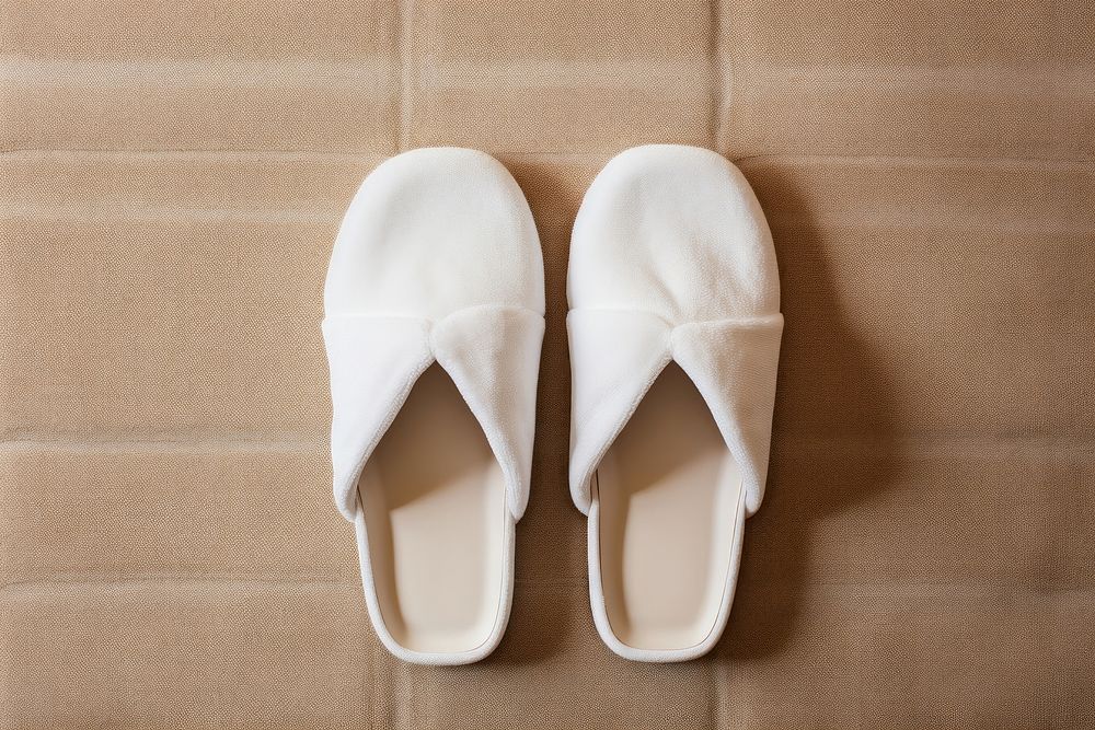 Blank white terry bathroom slippers put on beige velvet carpet footwear shoe flip-flops.