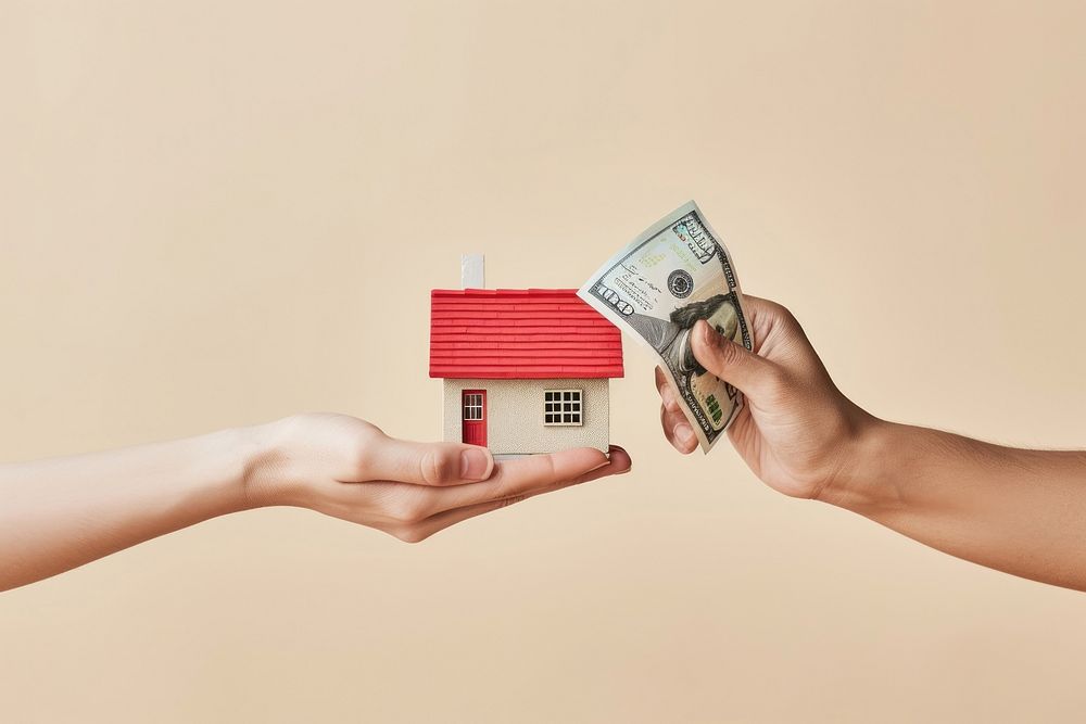Photo of Hand offering a small house model to another hand holding money architecture investment currency.