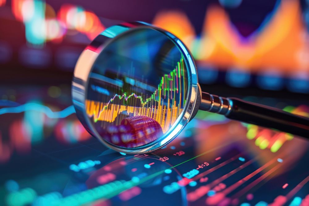 Photo of magnifying glass chart technology reflection.