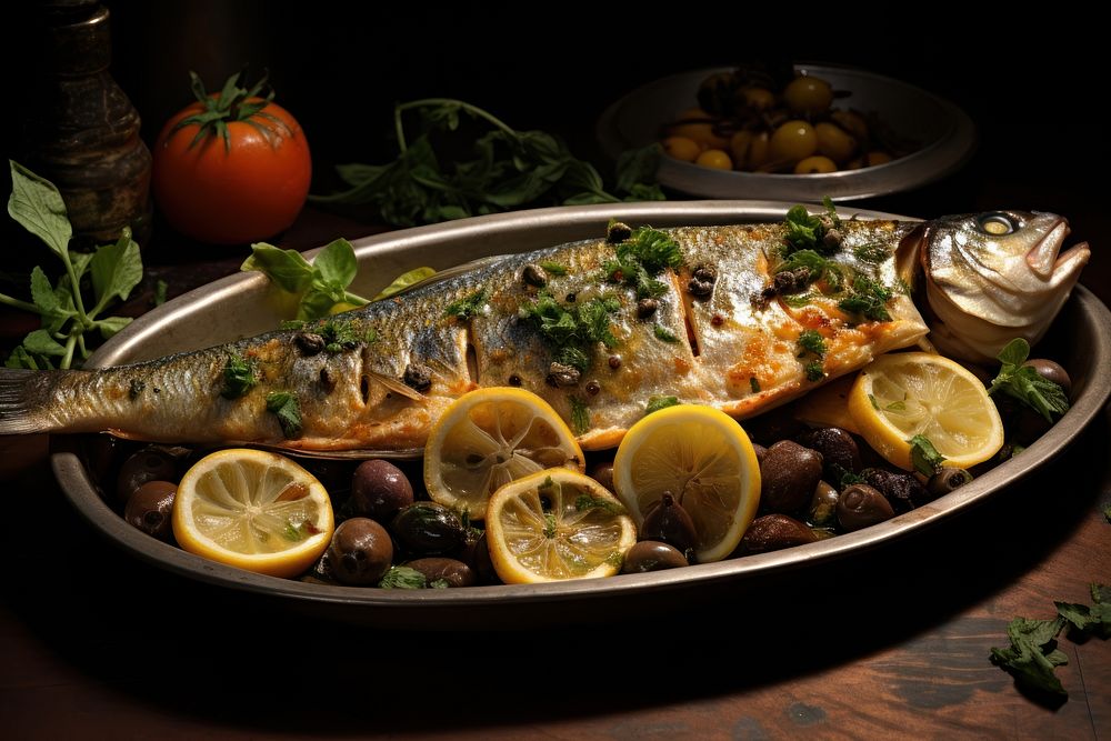 Roasted Branzino with Caper Butter food seafood fruit.