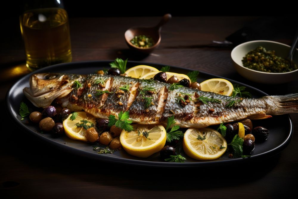Roasted Branzino with Caper Butter food seafood meat.