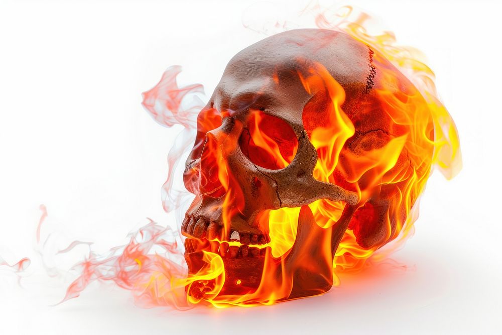 Skull on flame fire white background glowing.