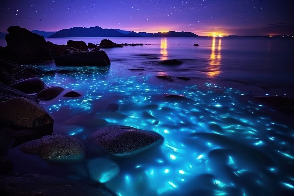 Bioluminescence ocean outdoors nature night.