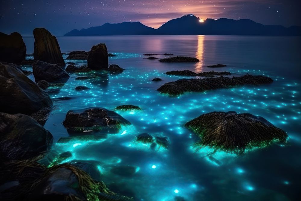 Bioluminescence ocean landscape outdoors horizon.