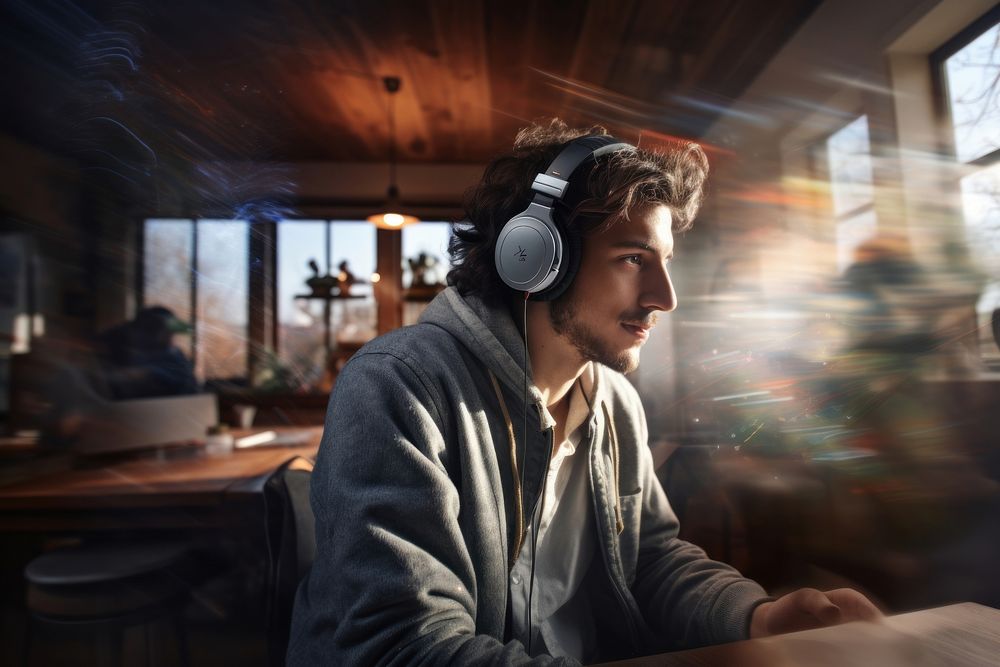Young man streaming gaming photography headphones portrait.