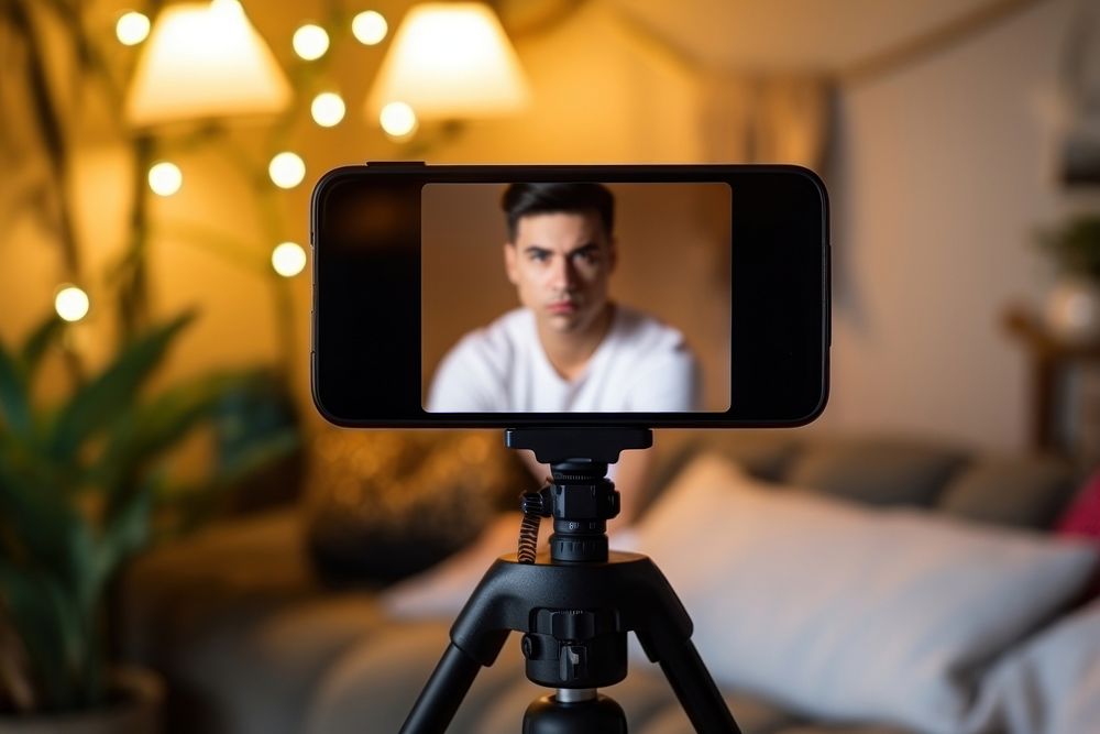 Female influencer vlogging online with smartphone photography tripod photographing.