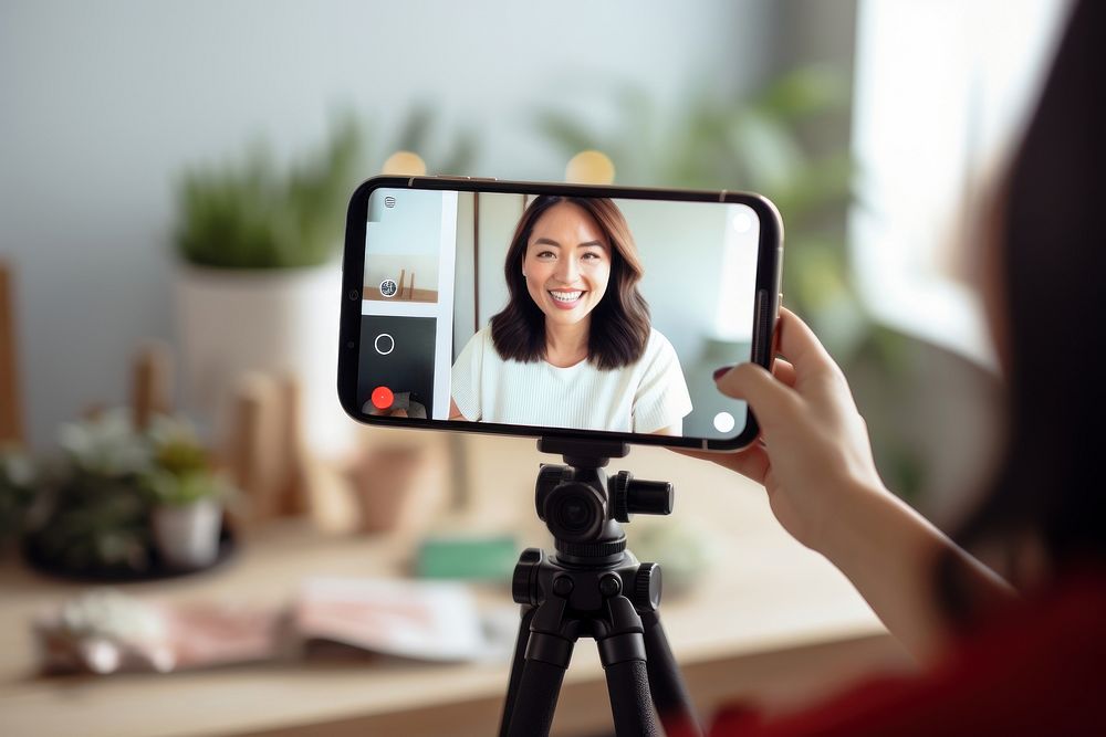 Female influencer vlogging online with smartphone cam and laptop from home photography selfie photographing.
