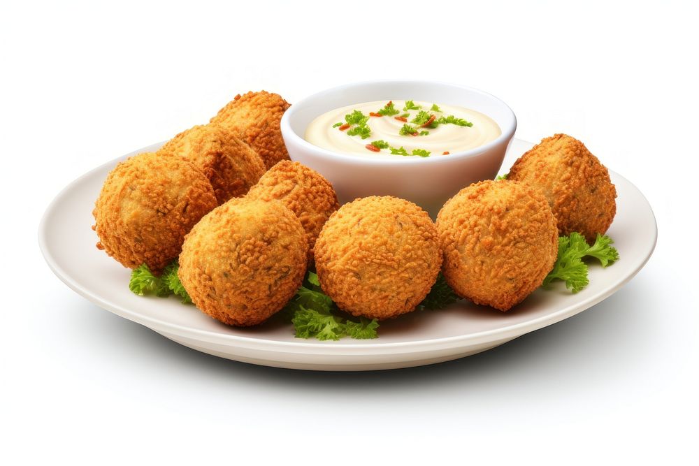 Plate of fried falafel balls fritters food white background.