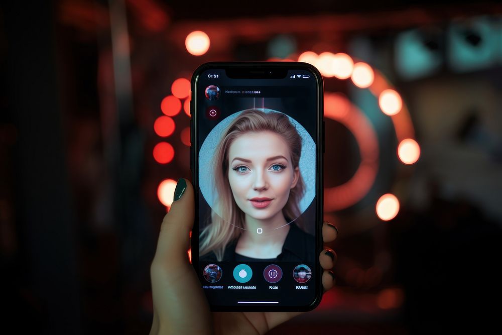 Smart phone screen mounted on ring light with vlogger filming make-up vlog photography portrait photographing.