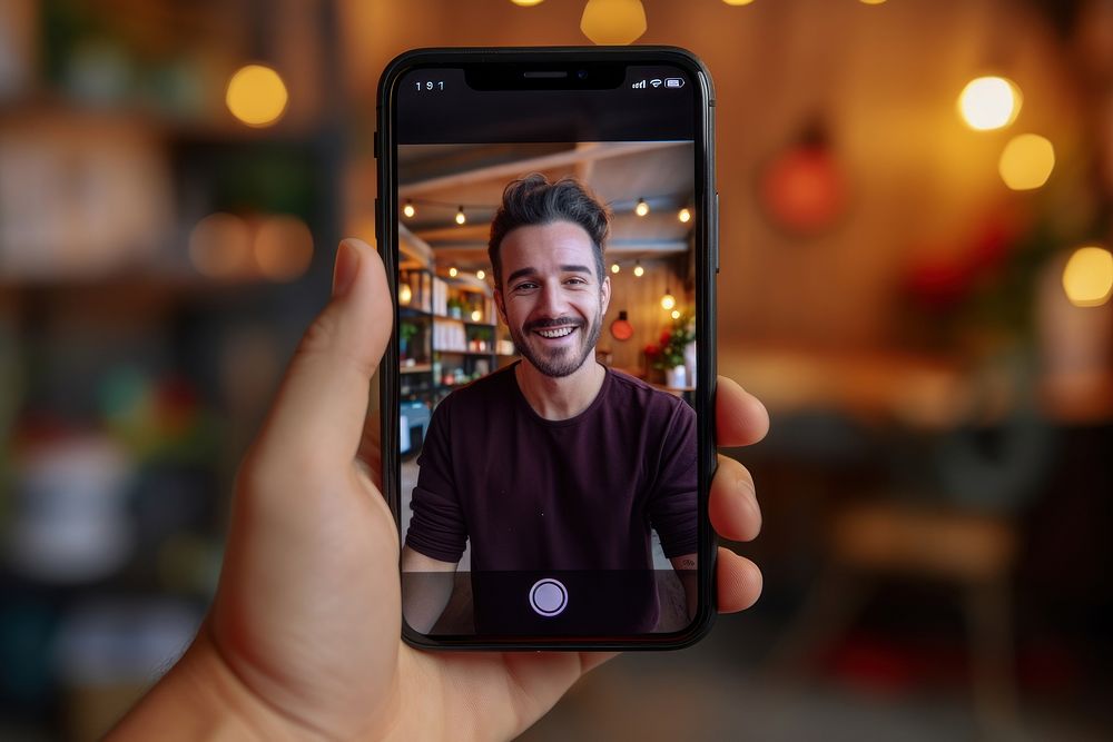 Smart phone screen with smiling influencer making vlog at home photography adult photographing.