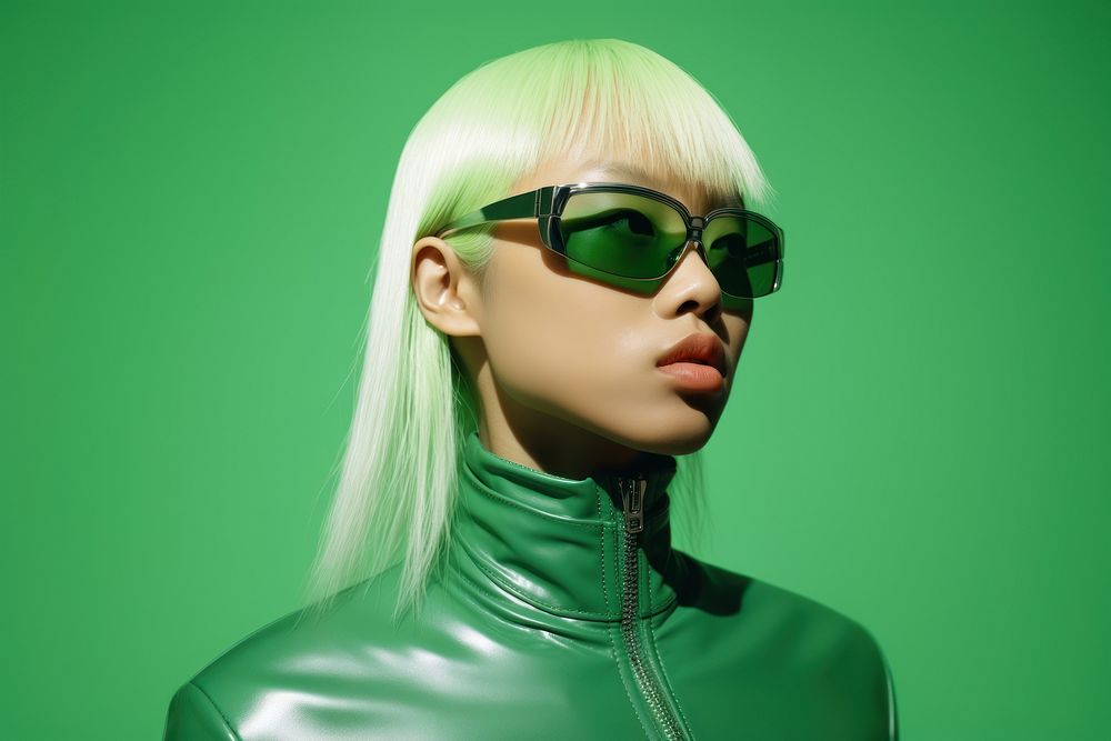 Dark skin Asian woman wear fashionable green sunglasses adult hair individuality.