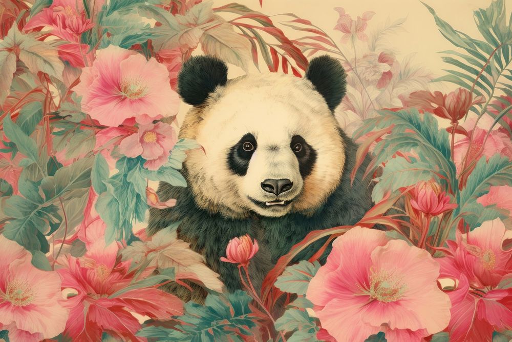 Vintage drawing of bear flower painting pattern.