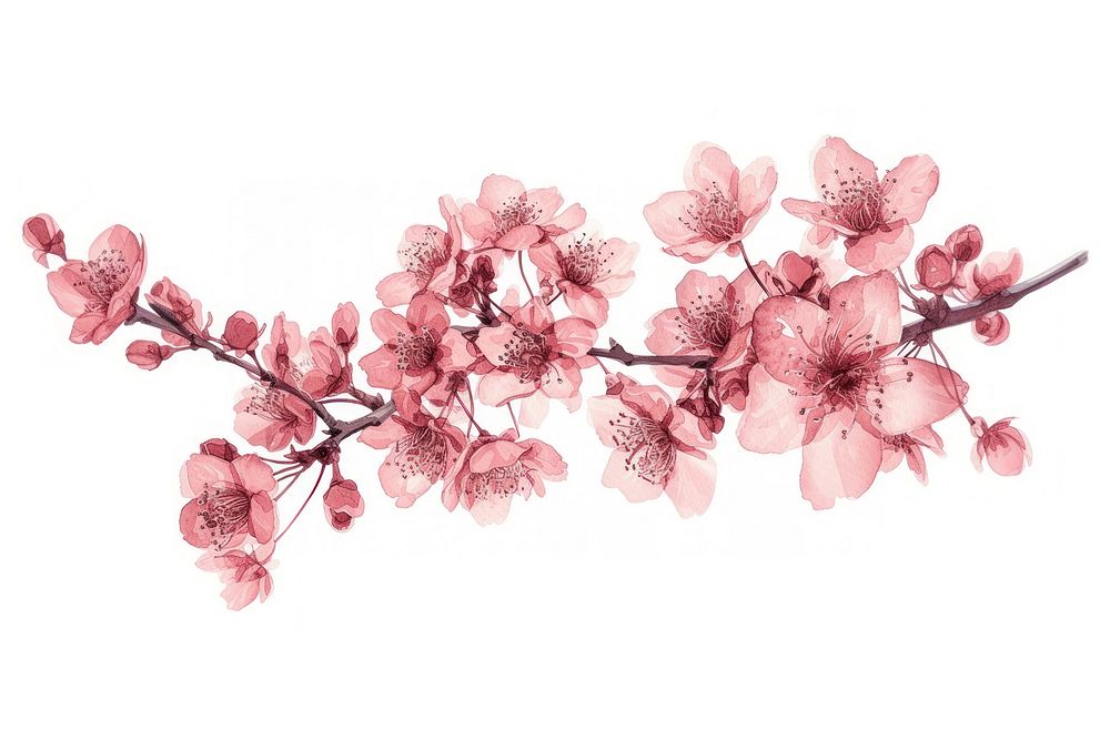 Screen-printed cherry blossom flower plant white background.