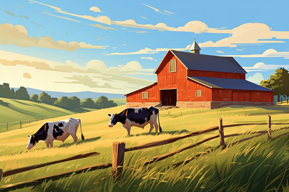 Cows on a field barn architecture grassland.