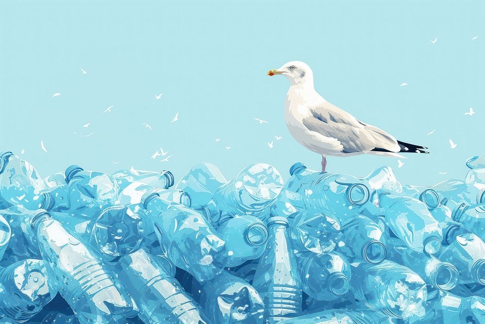 Layers of piles of same blue plastic bottles seagull animal bird.